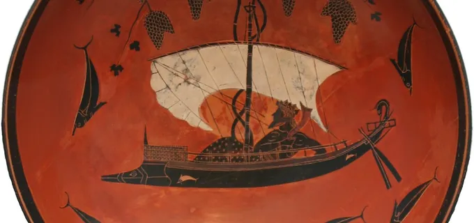Exekias Dionysos Cup, c. 530 BC, signed ΕΧΣΕΚΙΑΣ ΕΠΟΕΣΕ