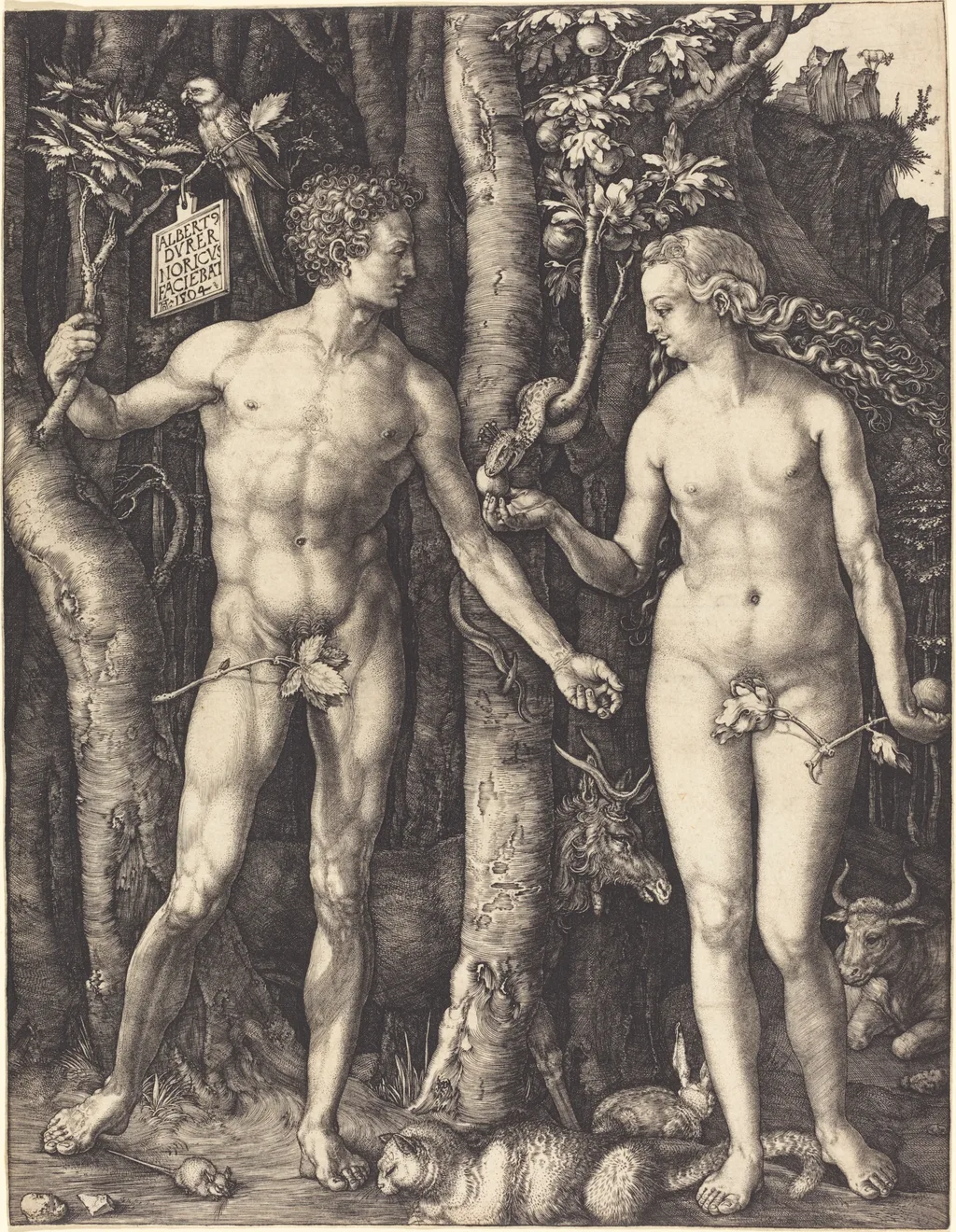Adam and Eve — Albrecht Dürer, 1504. The cartouche inscription 'ALBERT DVRER NORICVS FACIEBAT 1504' is the most explicit authentication signature in Western engraving.