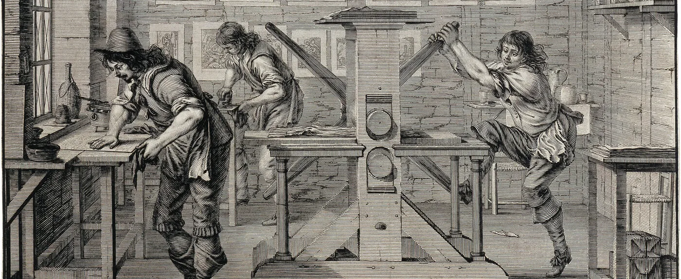 Abraham Bosse, L'imprimerie en taille-douce, 1642 — intaglio printing workshop with press