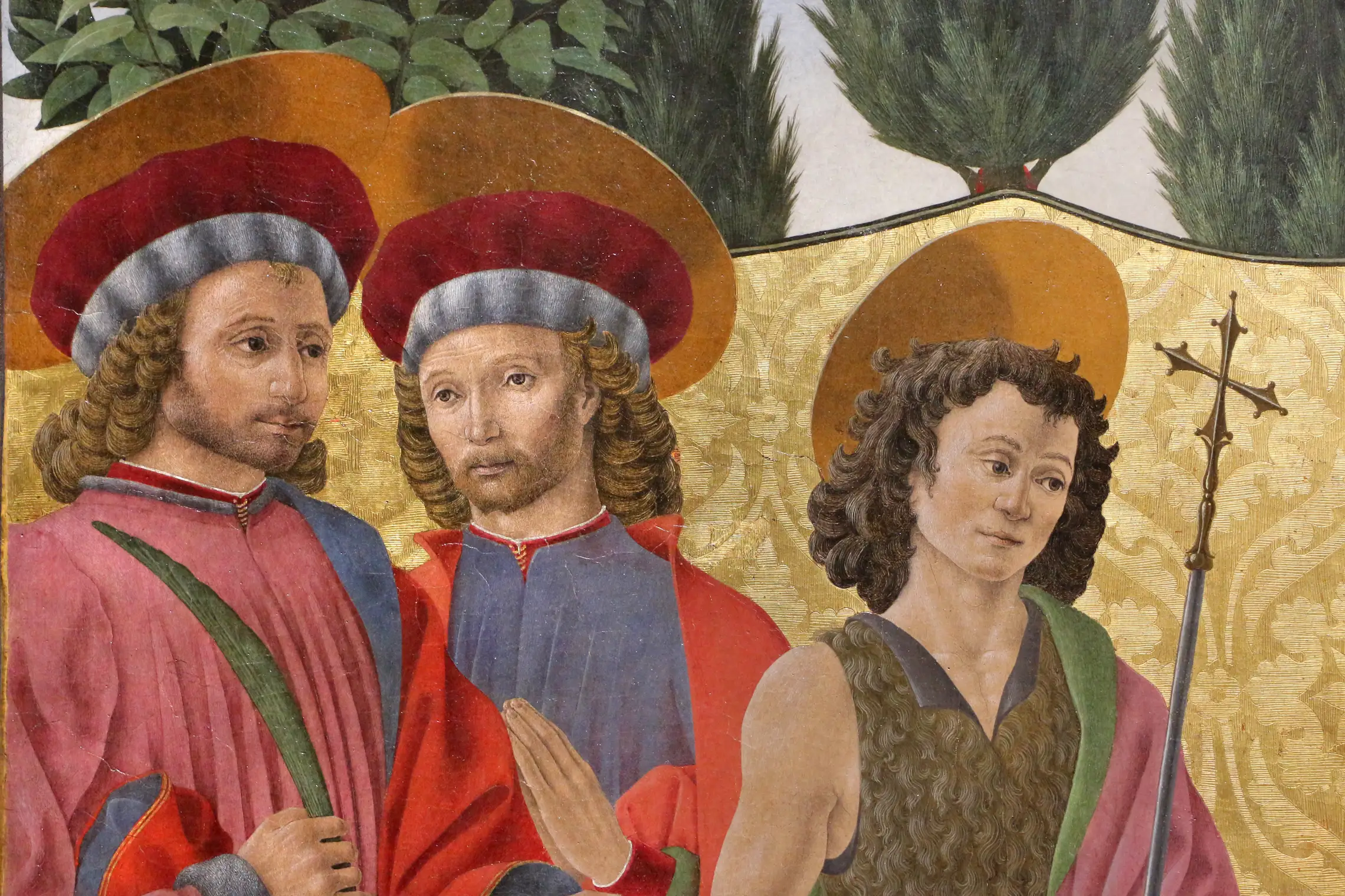 Alesso baldovinetti, madonna col bambino e santi (pala di cafaggiolo), 1453 circa 02 cosma, damiano, battista