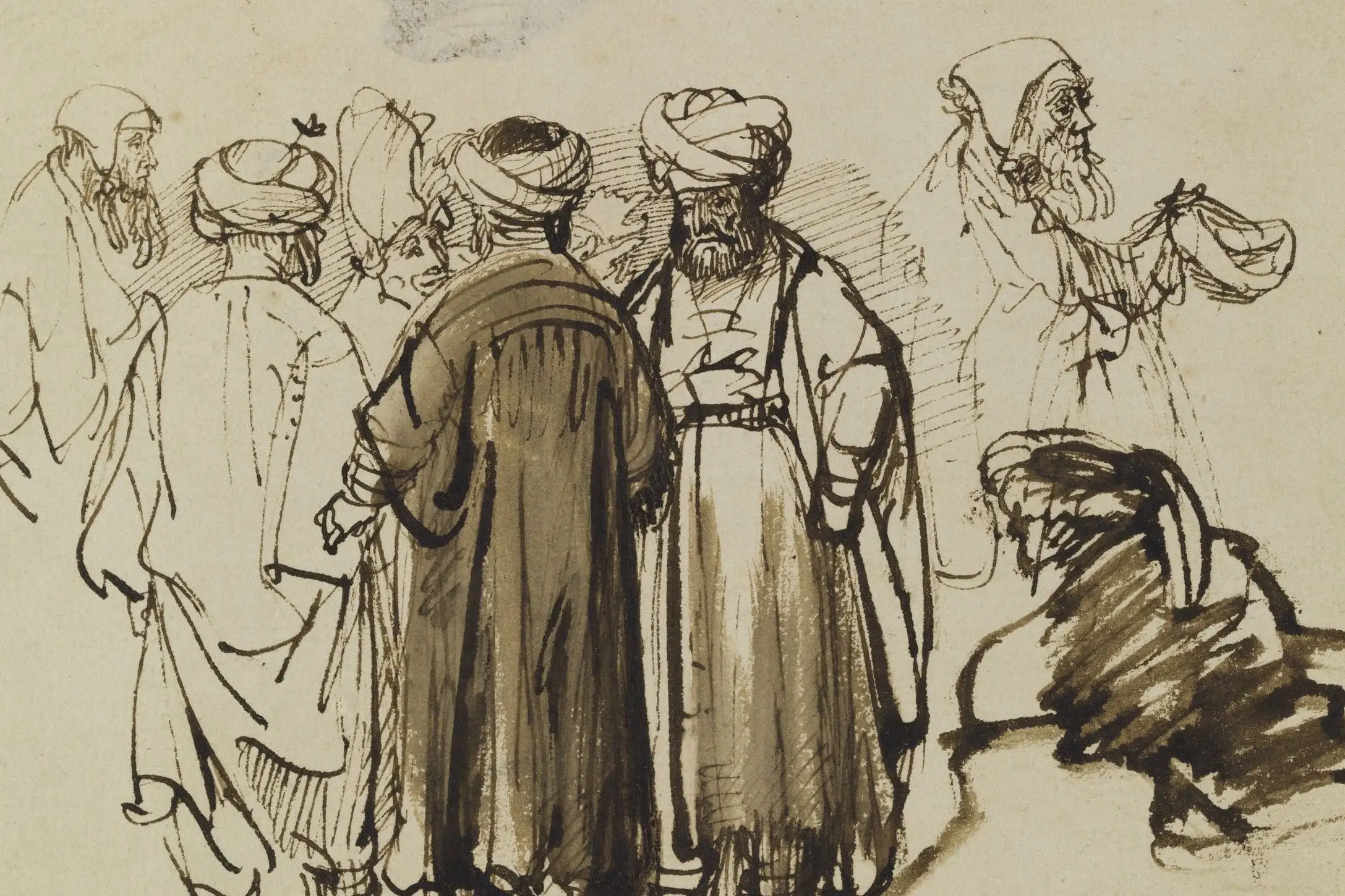 Cropped - Men in oriental dress and two studies of a beggar in the half-figure.