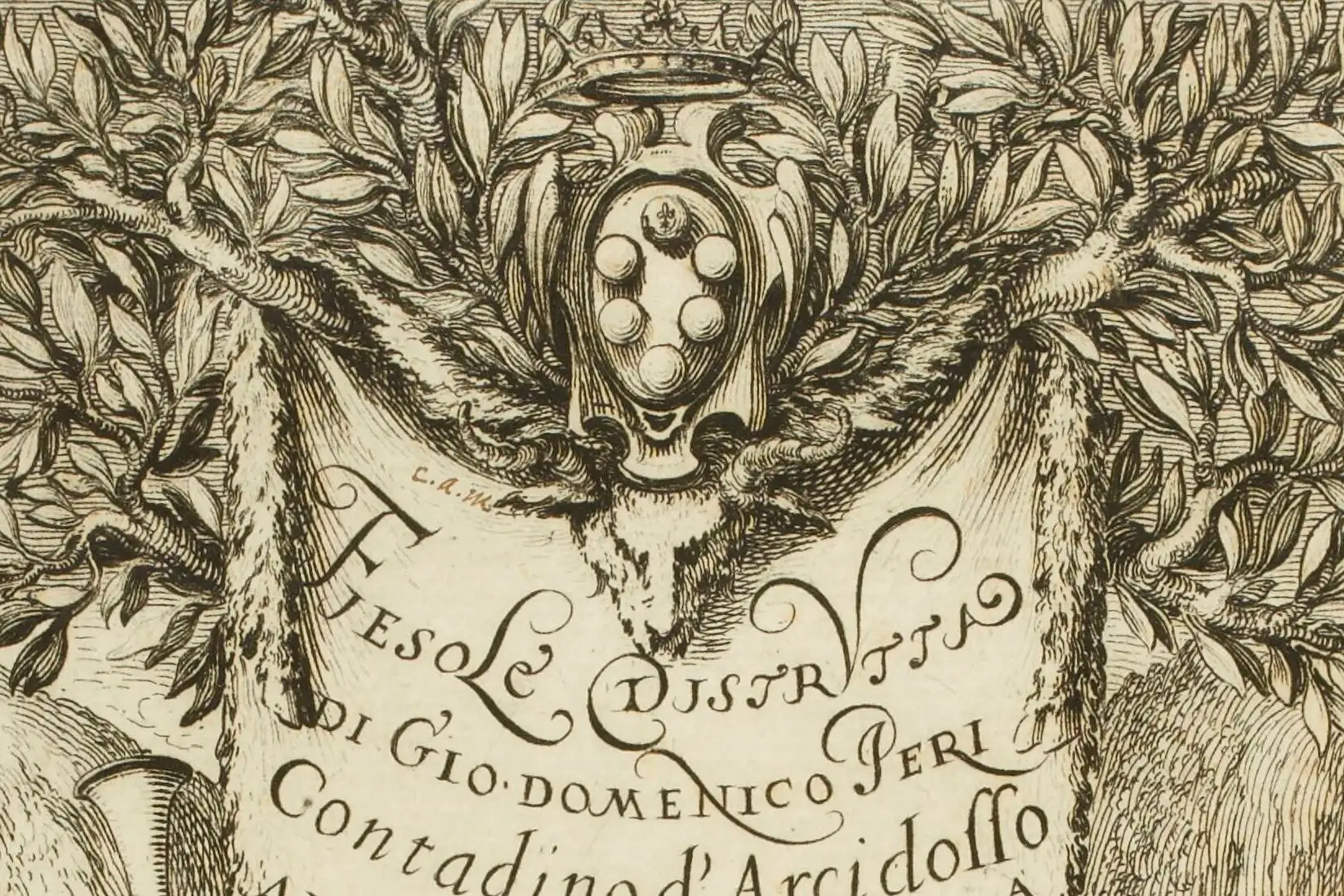 Cropped - Frontispice de Fiesole Distrutta : estampe / Jacques Callot Alternative title: La belle jardinière Alternative title: La posésie et l'agriculture Alternative title: Catakasta