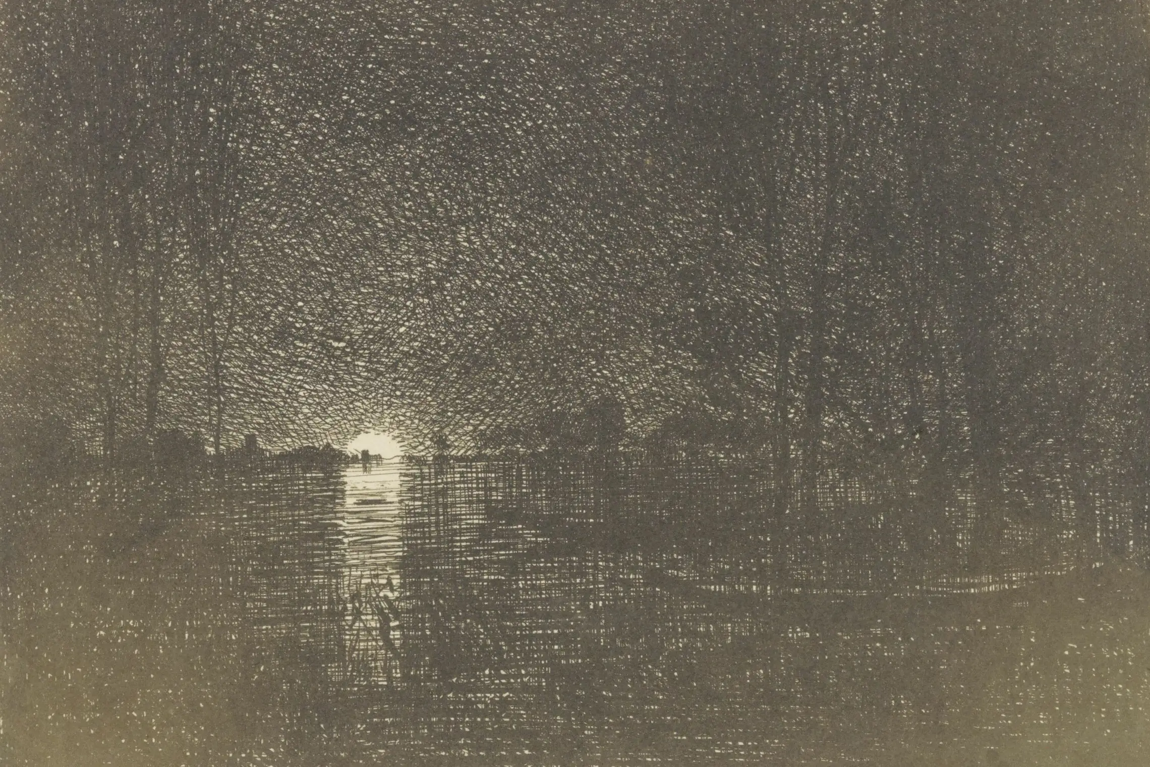 Cropped - Nachtelijk zicht op een meer Effet de nuit Serie met landschappen en gebeurtenissen rond water (serietitel) Quarante Cliché-Glaces (serietitel), RP-P-1953-506