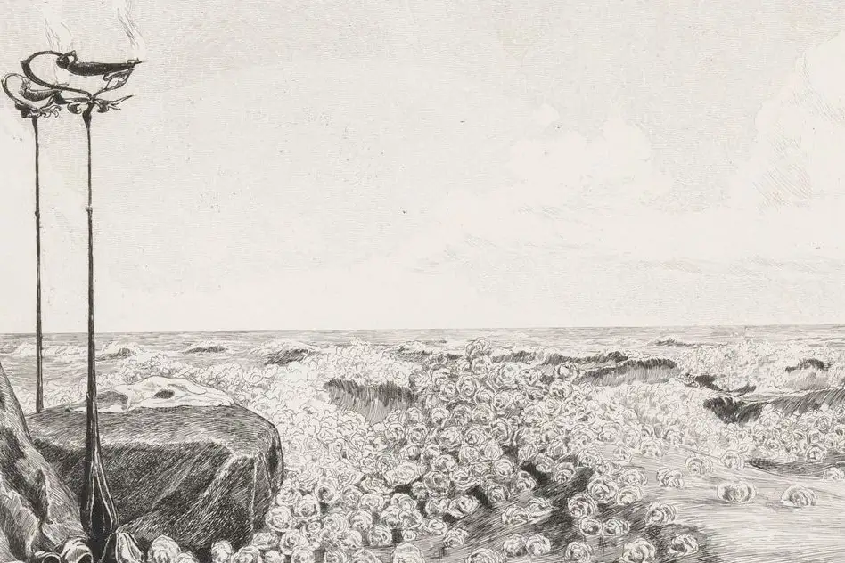 Cropped - Huldigung (Homage) from Ein Handschuh (A Glove). Cyclus von zehn Compositionen radirt. Rad. Opus VI, Plate VI. First edition