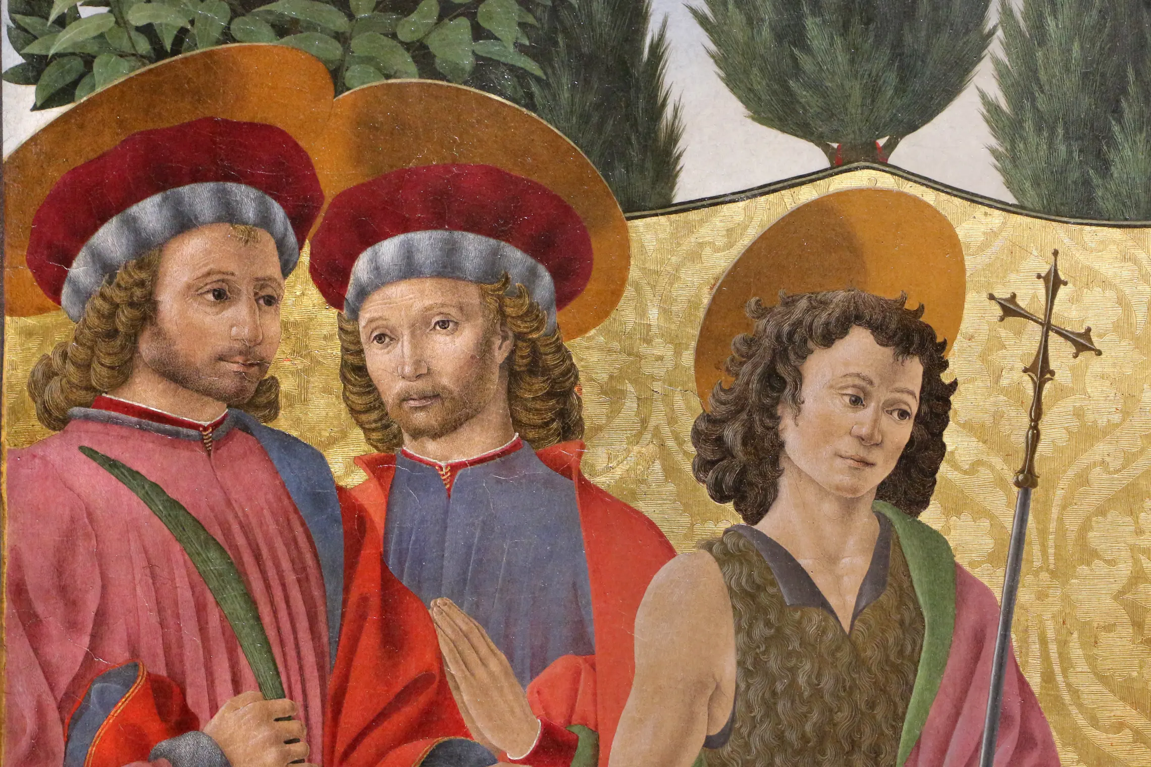 Alesso baldovinetti, madonna col bambino e santi (pala di cafaggiolo), 1453 circa 02 cosma, damiano, battista