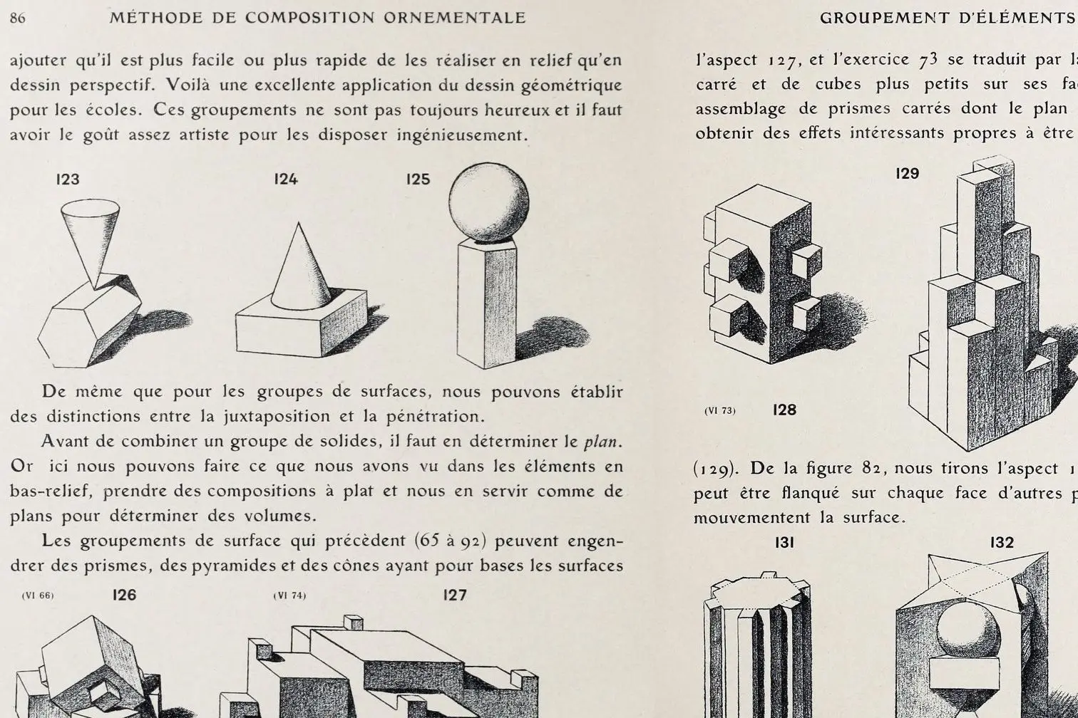 Cropped - Eugène Grasset, 1905, Méthode de Composition Ornementale, Éléments Rectilignes, Groupement d'Eléments Primitifs, pp. 86, 87