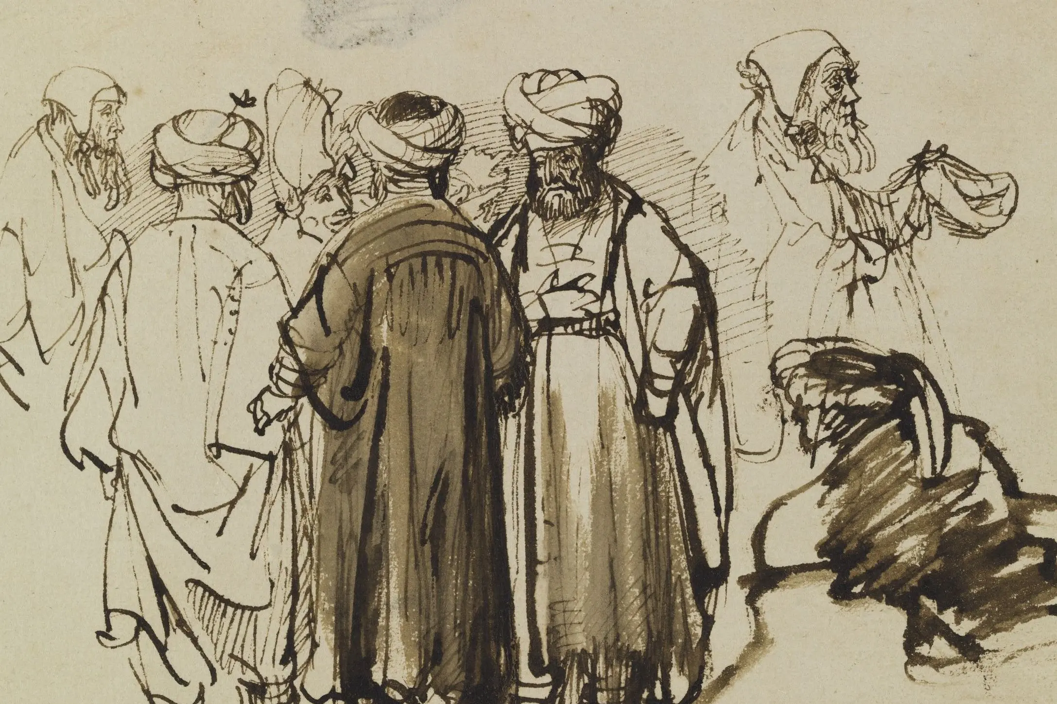 Cropped - Men in oriental dress and two studies of a beggar in the half-figure.