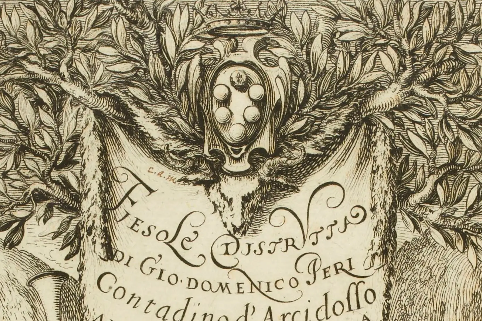 Cropped - Frontispice de Fiesole Distrutta : estampe / Jacques Callot Alternative title: La belle jardinière Alternative title: La posésie et l'agriculture Alternative title: Catakasta