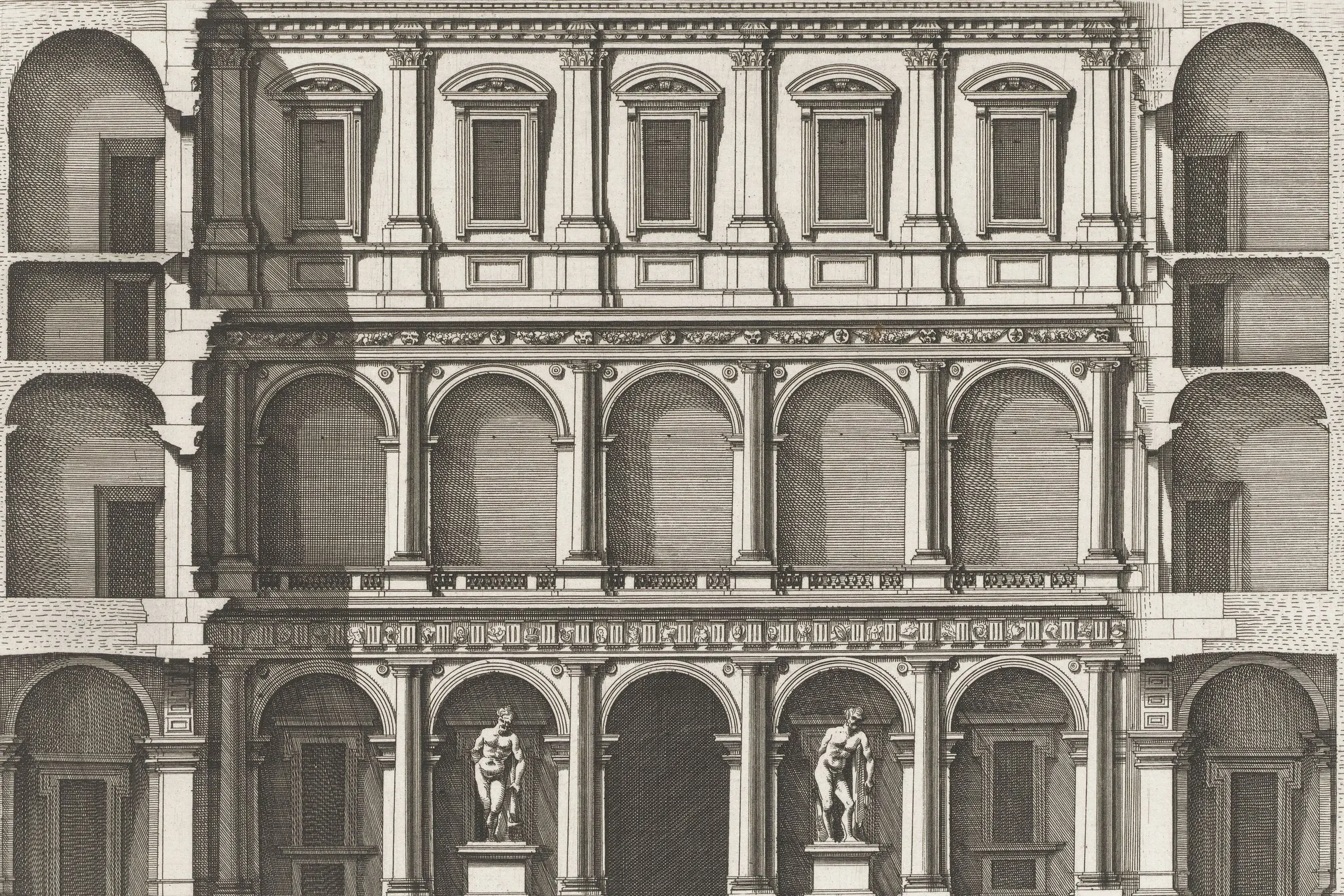 Cropped - Binnenplaats van Palazzo Farnese te Rome Pars interior Palatii Farnesiani (titel op object) Romeinse paleizen (serietitel) Palazzi di Roma (serietitel) Palazzi di Roma dei più celebri architett (serietitel) Magesyn , RP-P-1957-653-8-2