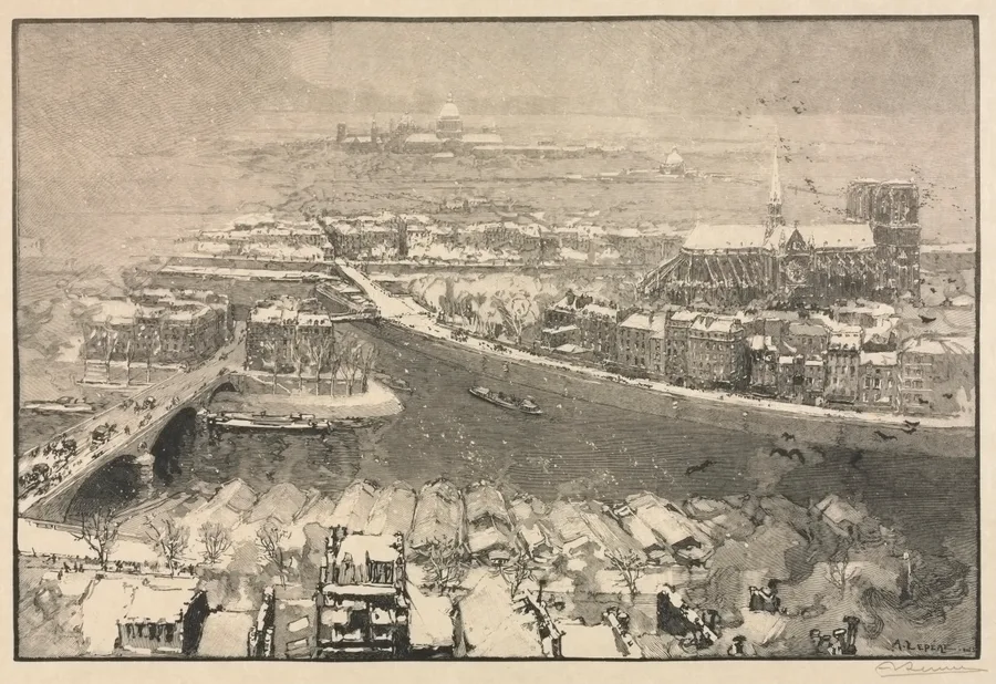 A wood engraving of a snowy street in Paris