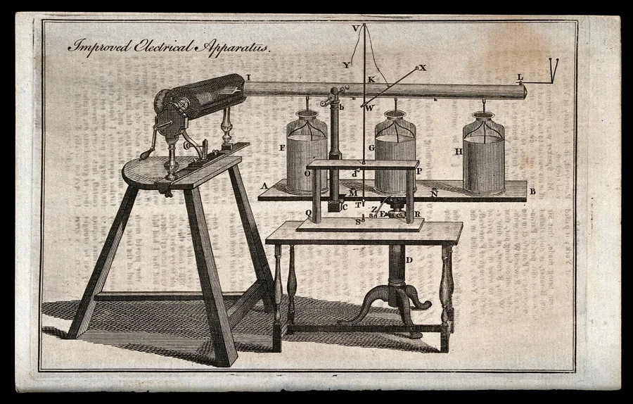 Electricity: an electro-static machine charging three Leyden