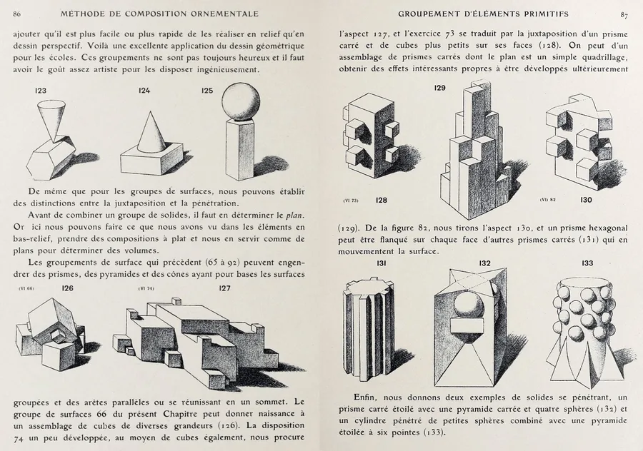 Eugène Grasset, 1905, Méthode de Composition Ornementale, Éléments Rectilignes, Groupement d'Eléments Primitifs, pp. 86, 87