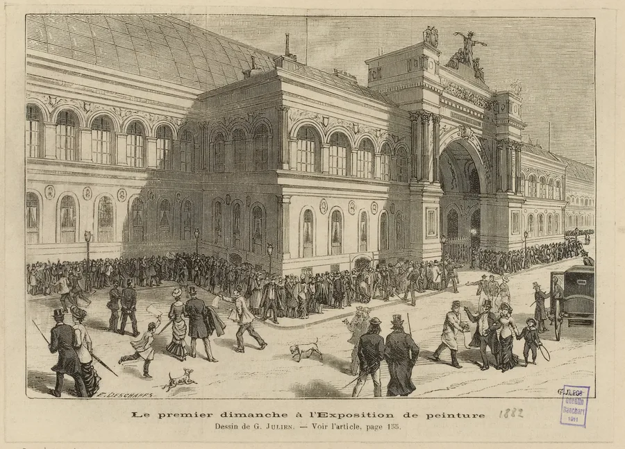 A crowded scene at a 19th-century painting exhibition