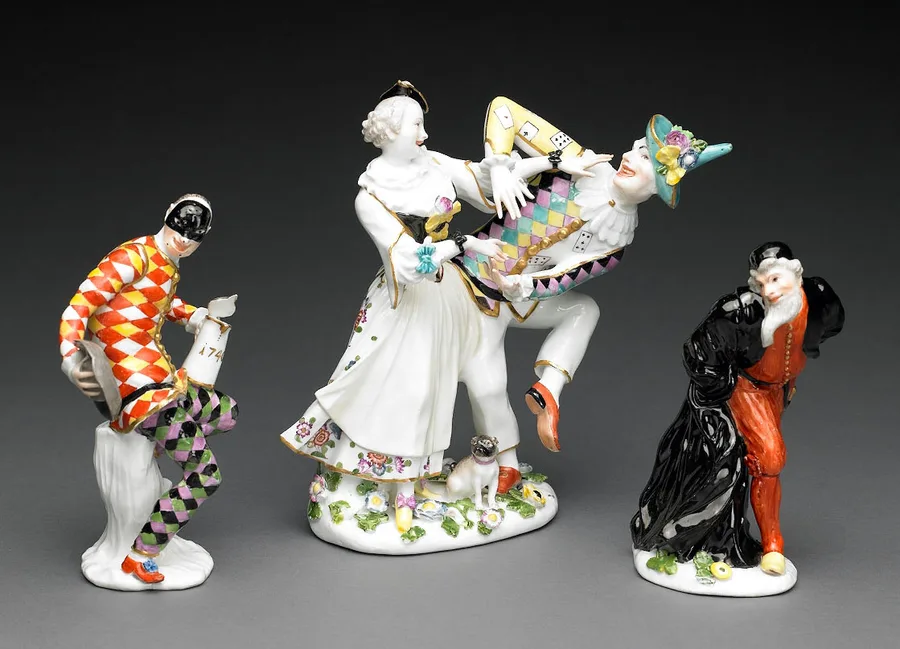 Seated Harlequin with Tankard ; Harlequin and Columbine Dancing ; Pantalone