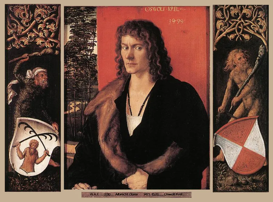 central panel: Portrait of Oswolt Krel left panel: Wilder Mann mit dem Wappen des Oswolt Krel right panel: Wilder Mann mit dem Wappen der Agathe von Essendorf