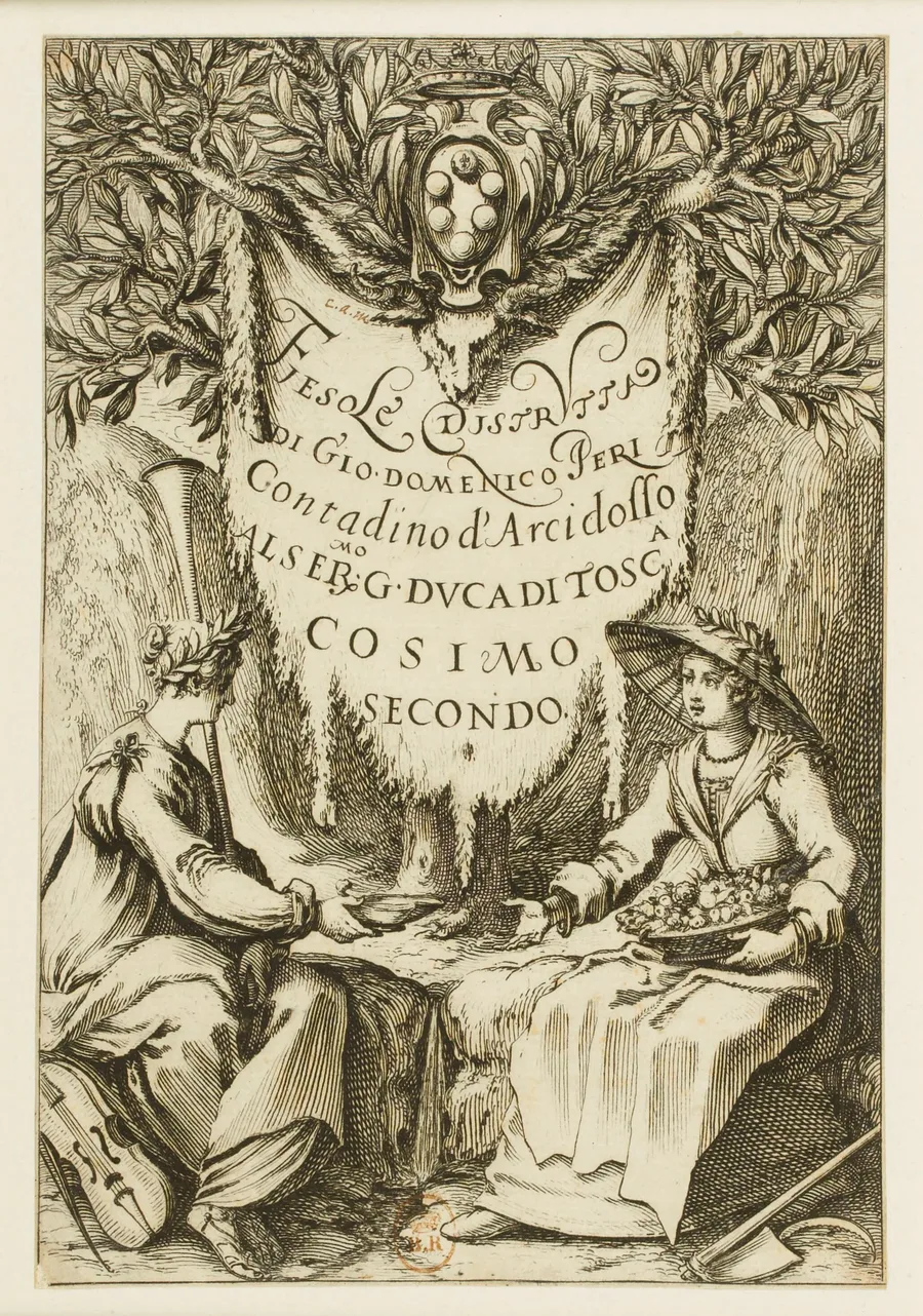 Frontispice de Fiesole Distrutta : estampe / Jacques Callot Alternative title: La belle jardinière Alternative title: La posésie et l'agriculture Alternative title: Catakasta