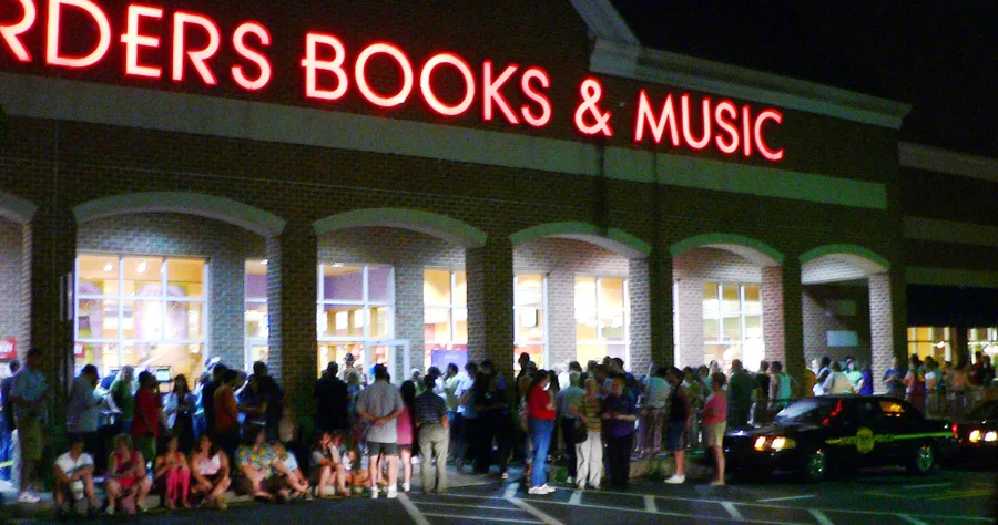 Fans queuing for a Harry Potter book release at night