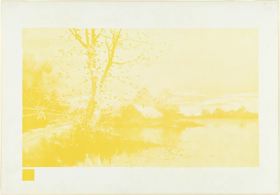 First lithographic print in the primary triad of colors (yellow) by Boston Public Library