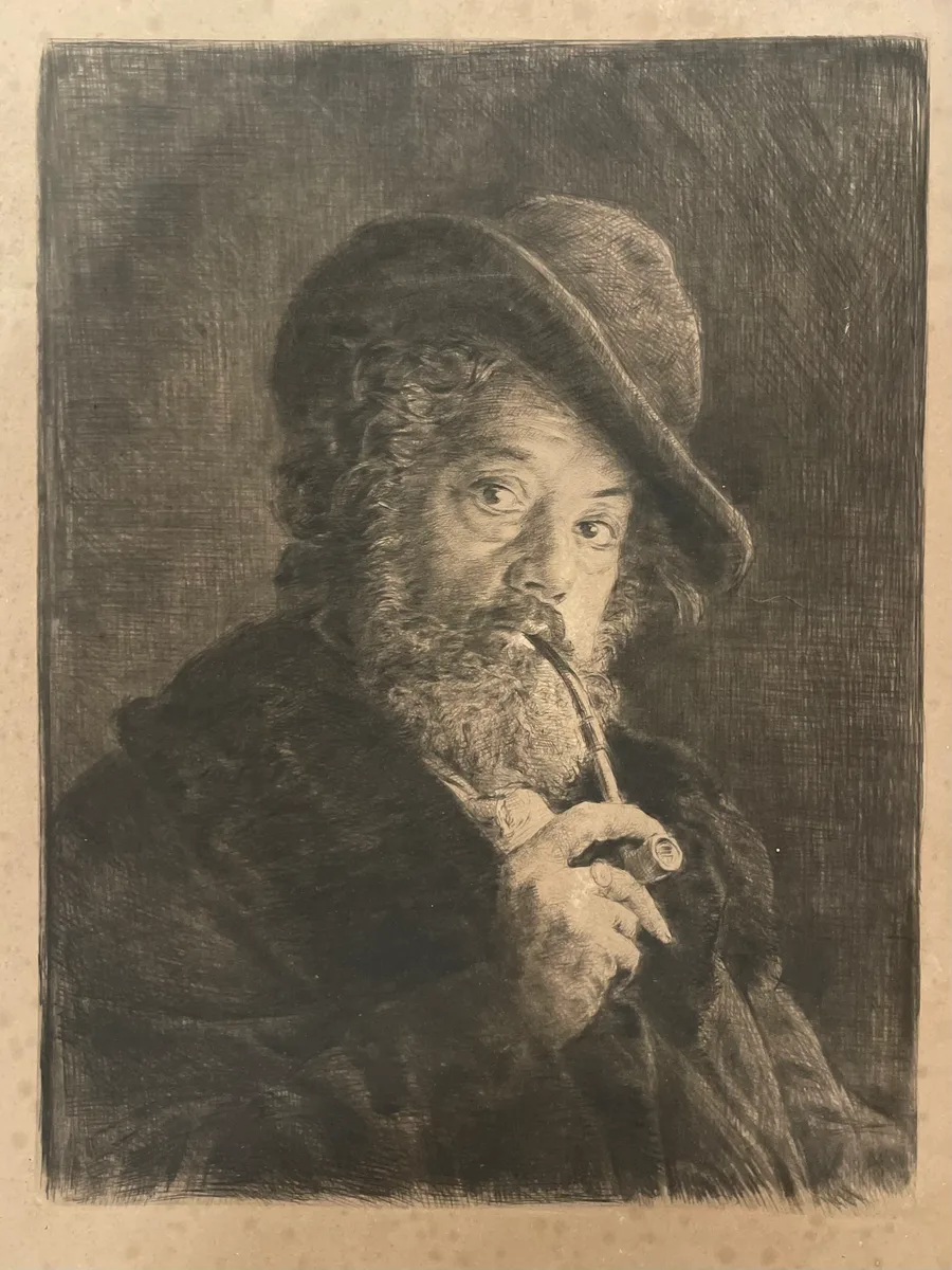 Marcellin Desboutin graphite self portrait with hat and pipe