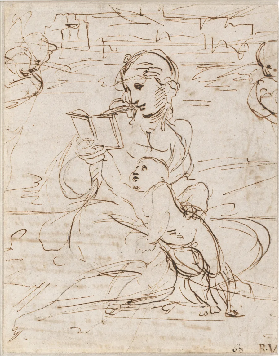 Reading Madonna and Child in a Landscape between two Cherub Heads