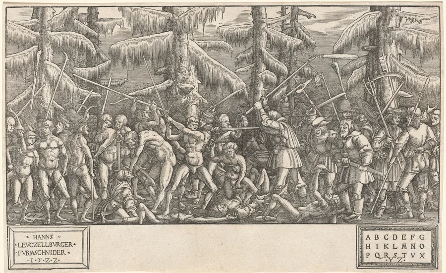 The wood engraving 'Battle of the Naked Men and Peasants'.