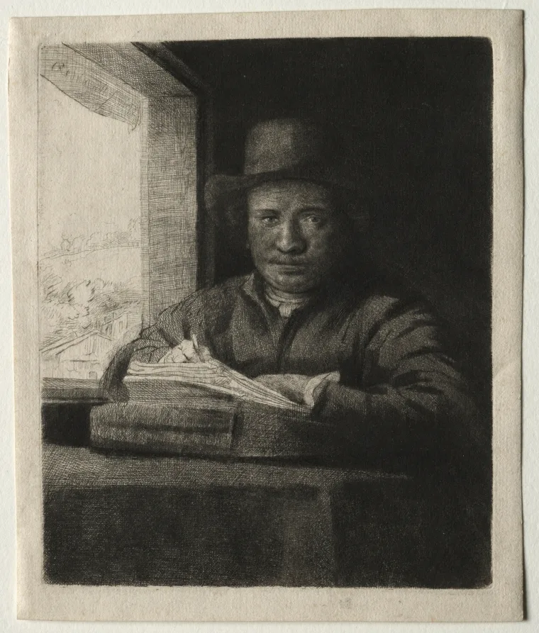 Rembrandt's Self-Portrait Drawing at a Window