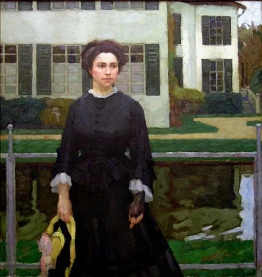 Frieda Blell vor dem Schloss Planegg (Frau Putz im Garten)